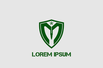 letter M with shield and bullet shape vector logo military theme template