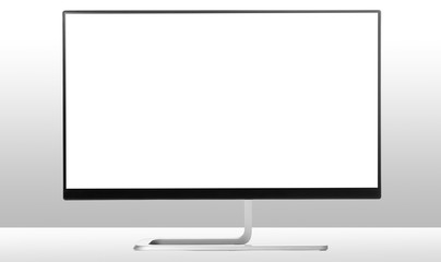 Fototapeta premium Modern monitor on white table and light background.