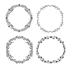 Set of hand-draw vector victory laurel and wedding flower wreaths for stationary. single line dravwing. Black outline circle flower frame for weddong decor. Vector simple illustration.