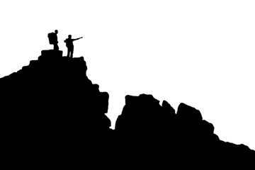 hikersSilhouette of two hikers standing on a rock and pointing to the distance. Two men in the mountains. Black and white silhouette of men with backpacks on a trekking trip in the mountains.