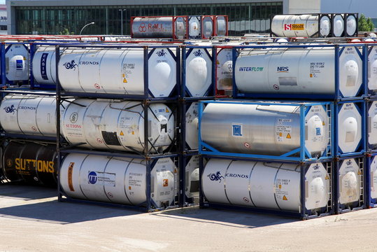 HAMBURG, GERMANY - JULY 9, 2017: Tank containers stored at the Port of Hamburg
