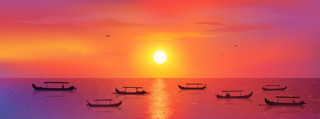 Bali fisherman boats in calm ocean at red sunset background, vector Kuta beach illustration