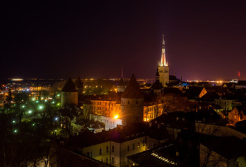 Fototapeta na wymiar 21 April 2018 Tallinn, Estonia. View of the Old town from the observation deck at night