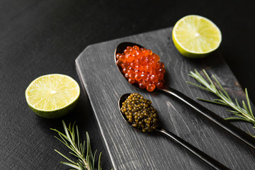 chic expensive red caviar, pike caviar and black caviar for a snack