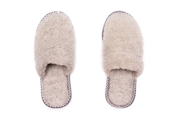 Woolen slippers isolated on the white background. Top view.
