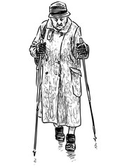 Sketch of old townswoman in norwegian walking with sticks