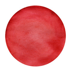 Abstract circle paint background red color isolated on white. Round watercolor gradiented fill on paper texture. Painted label background patch. Japanese flag. Hand drawn Big red circle. Setting sun