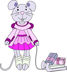 festive bright and colorful mouse, with a set of gifts and in a colorful suit.
