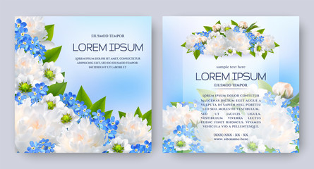 Floral vector card set with flowers of realistic white peony, bud, blue forget-me-not. Romantic templates for wedding invitation, greeting card, cosmetic products, packages and other design elements