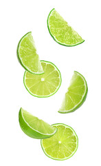 Collage of falling limes on white background