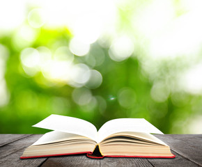 Open old hardcover book on wooden table against blurred green background