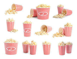 Set of buckets with tasty pop corn on white background