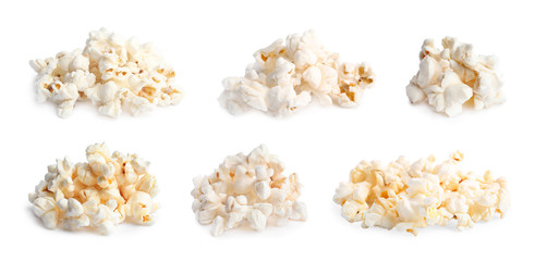 Set of tasty pop corn on white background
