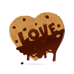 Chocolate heart shaped cookies with the word love, on a white background. Symbol of Valentine's Day. Isolated object. Vector illustration