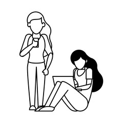 women using smartphone and laptop avatars characters