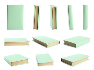 Set of light green cover books on white background