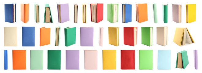 Set of colorful books on white background