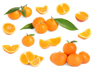 Set of fresh juicy tangerines on white background