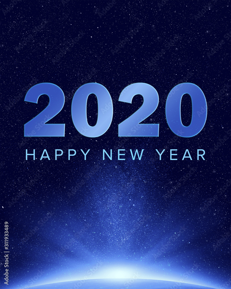 Canvas Prints 2020 happy new year greeting card with glowing planet and stars in space background