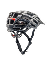 Gray Camouflage Color Cycling Helmet Isolated on White. Three Quarters Back View of Protective...
