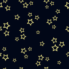 Light yellow decorative stars with light round shapes on black background. Seamless cosmic cartoon pattern. Suitable for packaging, wallpaper, textile.