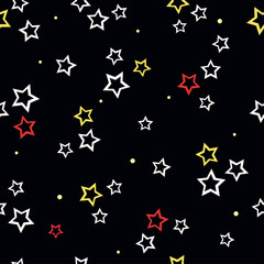 White, yellow and red decorative stars with light round shapes on black background. Seamless cosmic cartoon pattern. Suitable for packaging, wallpaper, textile.