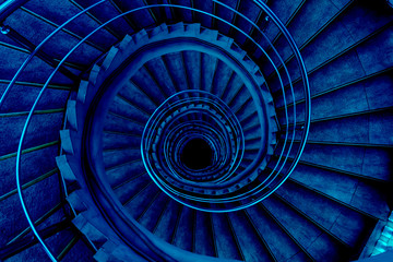 Spiral staircase goes in the centre, looks like a snail. Toned in classic blue, the color of the...