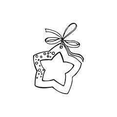 Graphic image, Christmas tree toy, star. Black outline, childish, cute, isolated on white, simple. For greeting cards and decor.