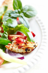 Healthy Salad with Pomegranate seeds, Chicken Briest, Green Pepper and fresh Basil. Close up.