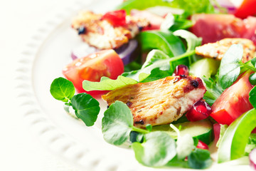 Healthy Salad with Pomegranate seeds, Chicken Briest, Green Pepper and fresh Basil. Bright wooden background. Close up. 