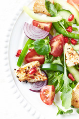 Healthy Salad with Pomegranate seeds, Chicken Briest, Green Pepper and fresh Basil. Bright wooden background. Top view.