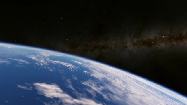 Beautiful and calm slow flight of Earth orbit from space. Visible universe and milky way