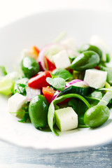 Healthy salad with cucumber, green olives, cherry tomatoes, feta cheese and fresh herbs. Close up. 