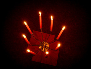 eight candle holder red candle flames