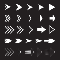 Set of white arrow vector collection with black background. Arrow set collection vector design