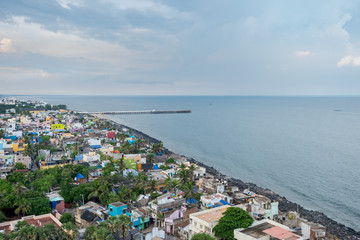 View from the top of the new lighthouse of Puducherry in South India over the city on overcast day