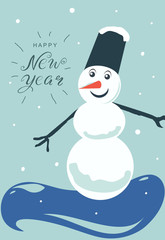 Snowman. Happy New Year. Cute winter holiday snowmen. Hand  lettering. Vector illustration in cartoon style.