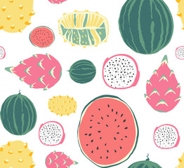 Seamless fruit and vegetables vegetarian food pattern, vector vegan white color background.