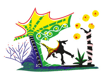 abstract illustration of cheerful dogs and nature. colorful illustration of dog running
