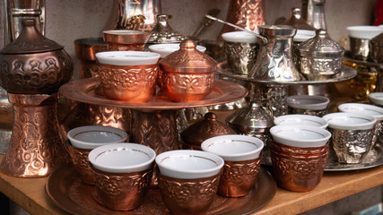 Copper product as souvenir for visitors and tourists in Old Town Mostar, Bosnia and Herzegovina .