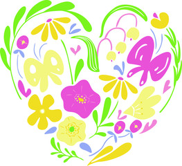 ハート型の花や植物。パステルカラーの春らしいモチーフ。編集可能なベクターイラスト。