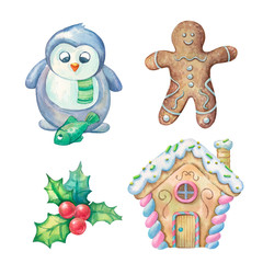 Watercolor set for Christmas. Illustration of a gingerbread house, gingerbread man, holly, penguin in cartoon style on a white background for paper, textile, packaging