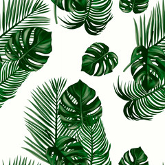 Seamless pattern with tropical palm leaves and monstera. Trend illustration, stylish design. Greeting card and invitation design template. Beach holidays, tours, promotions and flyers