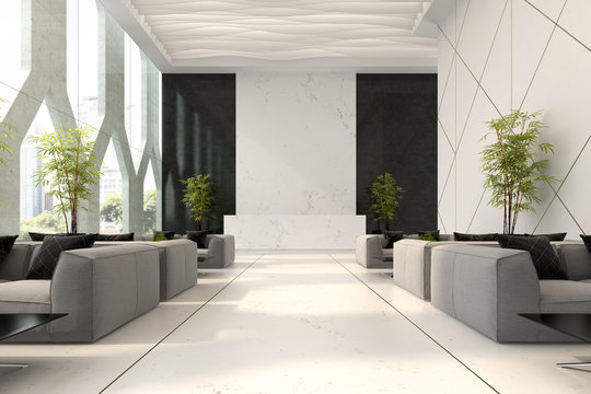 Interior of hotel and spa reception 3D illustration
