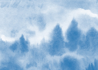 Watercolor landscape background with natural paper textures, hand-painted watercolour splashes and classic blue blobs colours. Artistic design element with magic forest, landscape silhouette and mist.