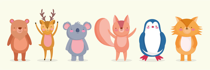 set of cute animals wildlife cartoon characters