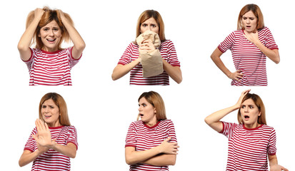 Set of woman having panic attack on white background