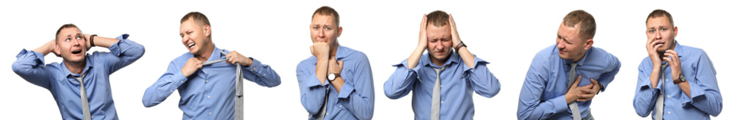 Set of businessman having panic attack on white background