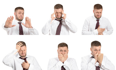 Set of businessman having panic attack on white background