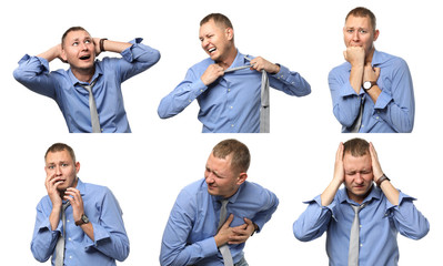 Set of businessman having panic attack on white background